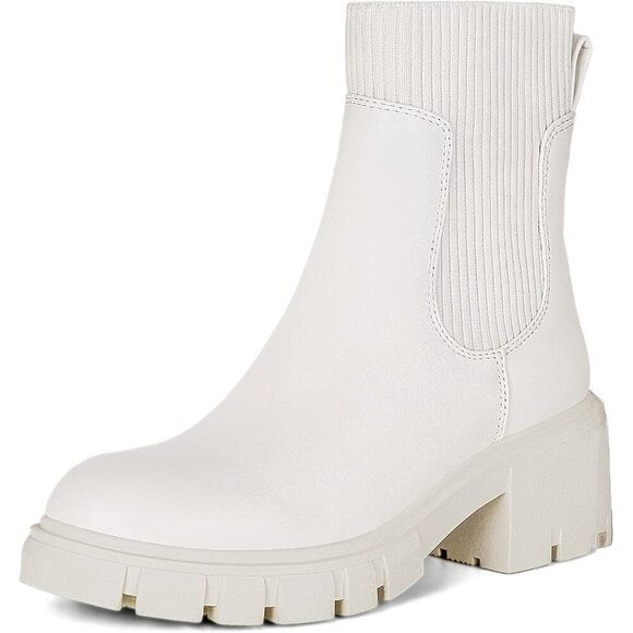 Athlefit Women's Chelsea Boots Cream Leather Slip on Lug Sole Booties - Picture 1 of 6